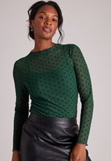 Flocked Dot Mock Neck Mesh Top, C7147, small