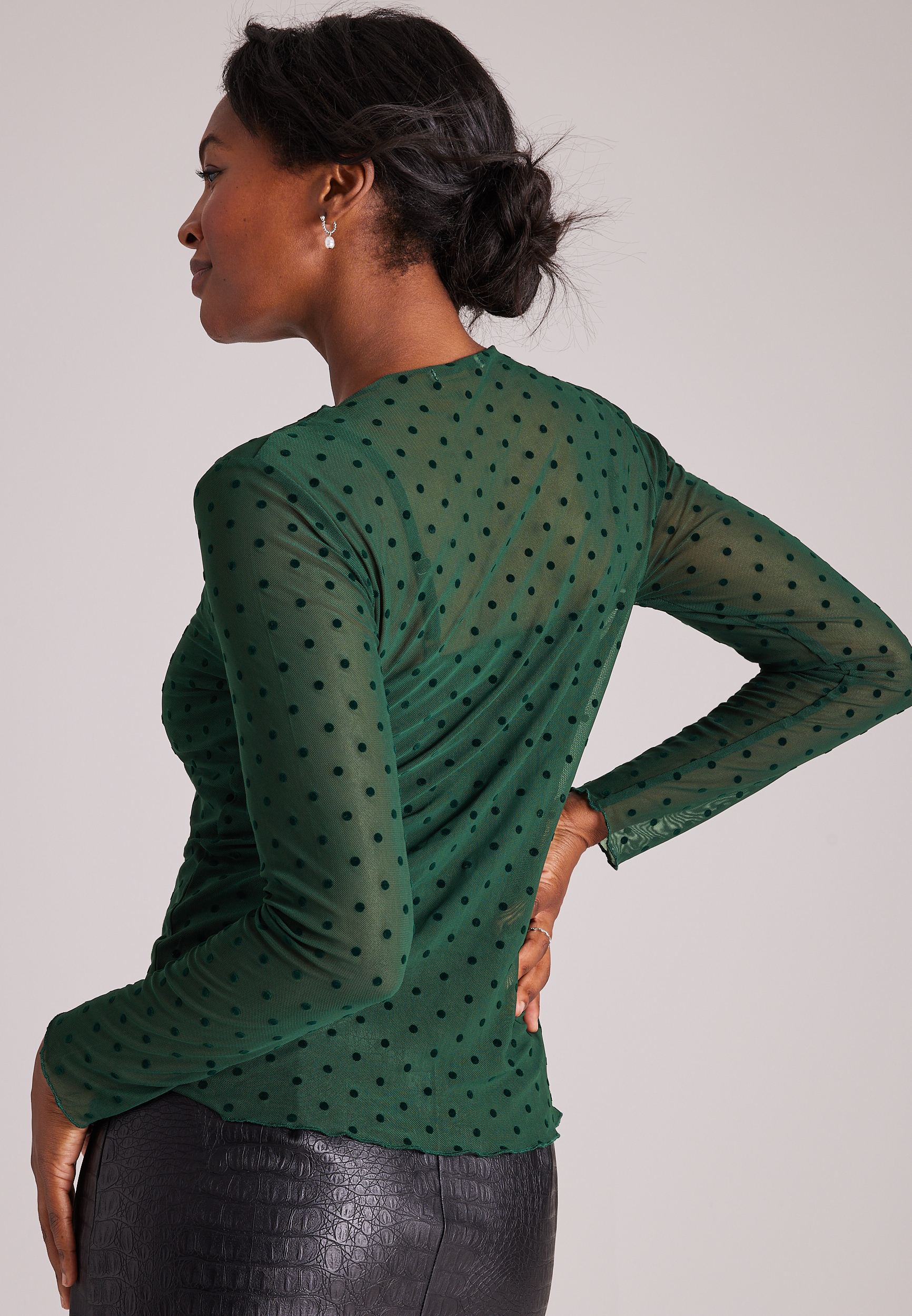 Flocked Dot Mock Neck Mesh Top, C7147, large