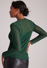 Flocked Dot Mock Neck Mesh Top, C7147, small