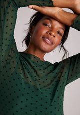 Flocked Dot Mock Neck Mesh Top, C7147, small