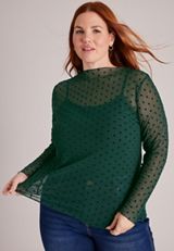 Plus Size  Flocked Dot Mock Neck Mesh Top, C7147, small
