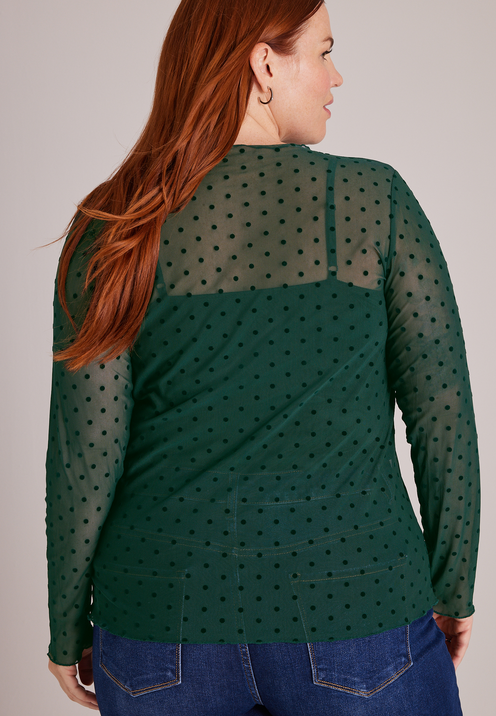 Plus Size  Flocked Dot Mock Neck Mesh Top, C7147, large