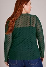 Plus Size  Flocked Dot Mock Neck Mesh Top, C7147, small