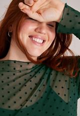 Plus Size  Flocked Dot Mock Neck Mesh Top, C7147, small