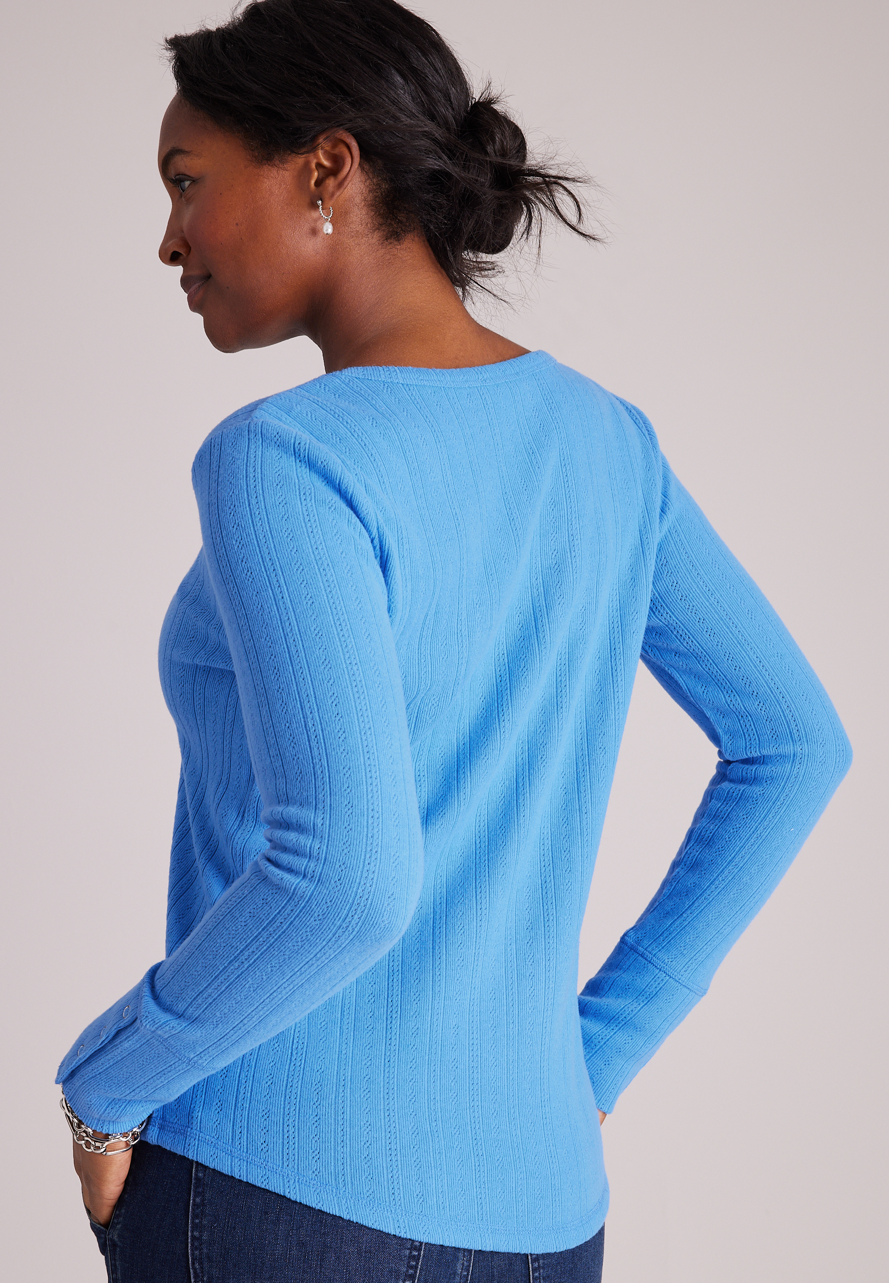 Pointelle Snap Cuff Scoop Neck Long Sleeve Top, C5760, large
