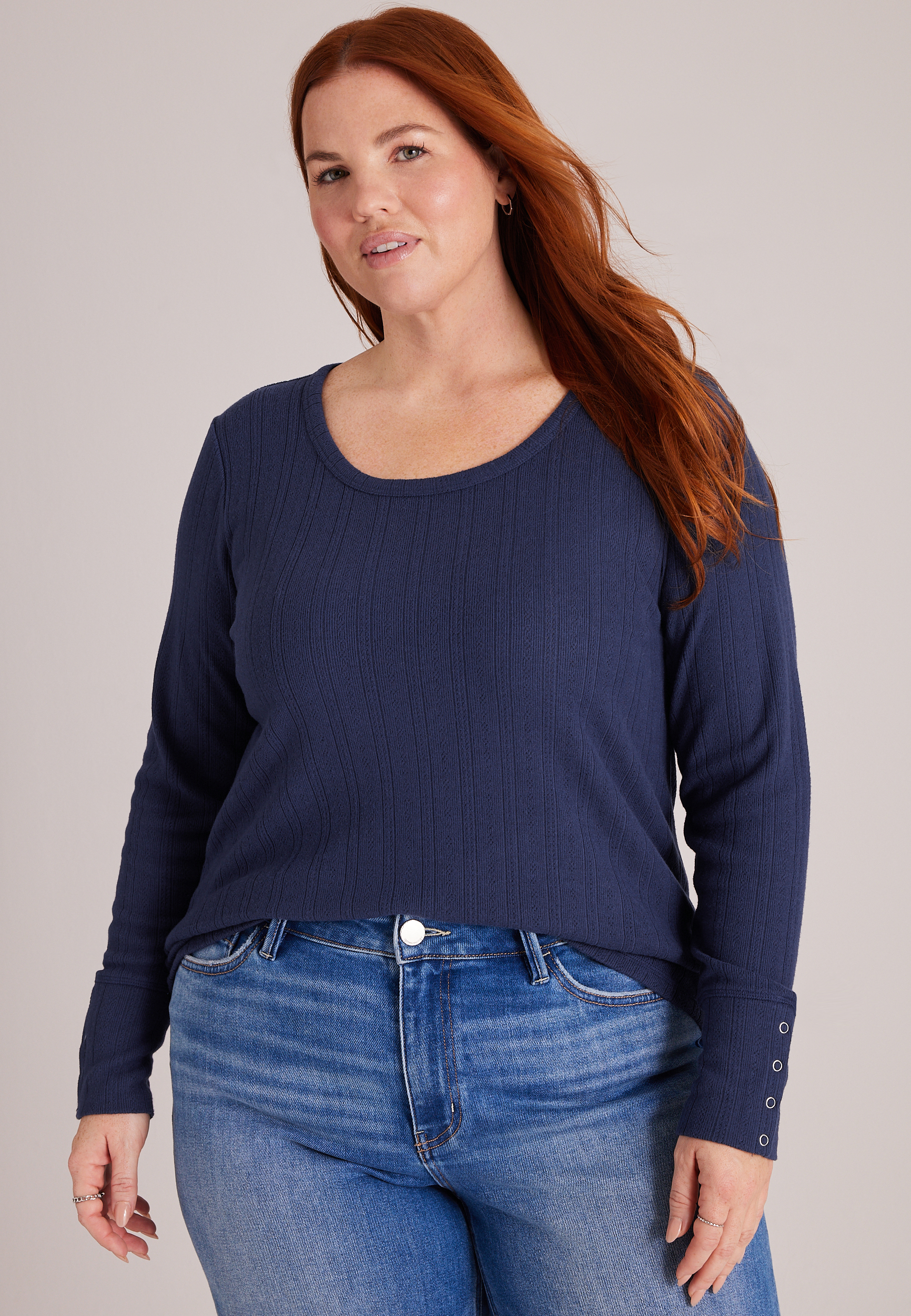 Plus Size Pointelle Snap Cuff Scoop Neck Long Sleeve Top | maurices