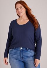 Plus Size Pointelle Snap Cuff Scoop Neck Long Sleeve Top, C9679, small