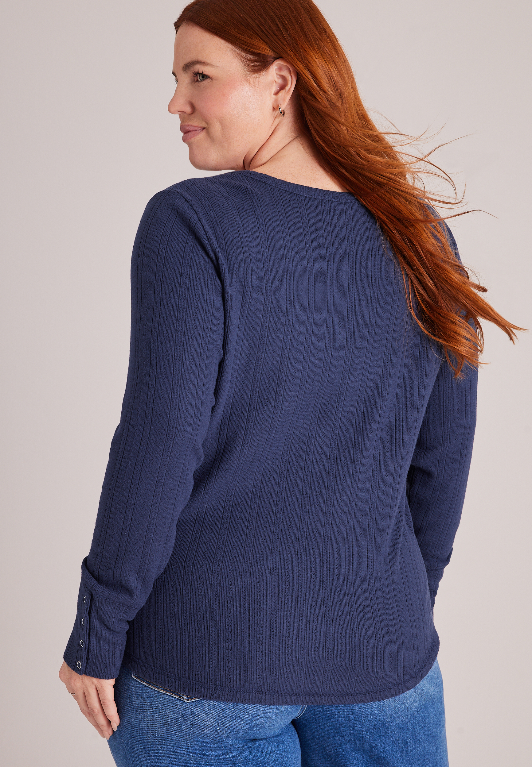 Plus Size Pointelle Snap Cuff Scoop Neck Long Sleeve Top, C9679, large