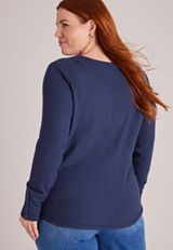 Plus Size Pointelle Snap Cuff Scoop Neck Long Sleeve Top, C9679, small
