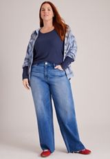 Plus Size Pointelle Snap Cuff Scoop Neck Long Sleeve Top, C9679, small