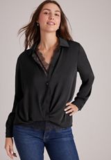 Studio Y Lace Trim Button Front Blouse, C106, small