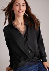 Studio Y Lace Trim Button Front Blouse, C106, small