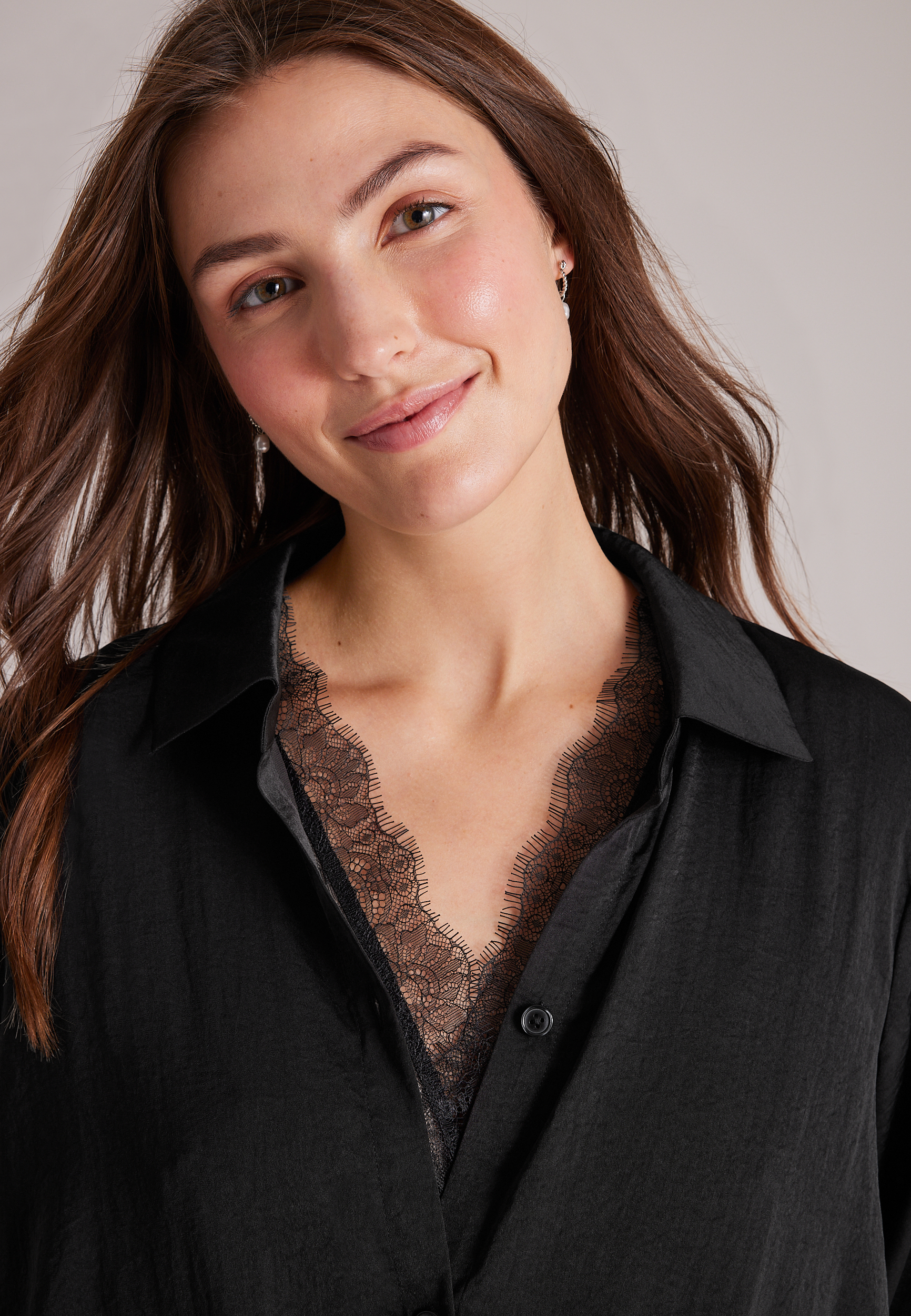 Studio Y Lace Trim Button Front Blouse, C106, large
