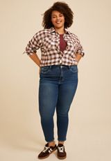 Plus Size Plaid Polka Dot Button Front Shirt, C30, small