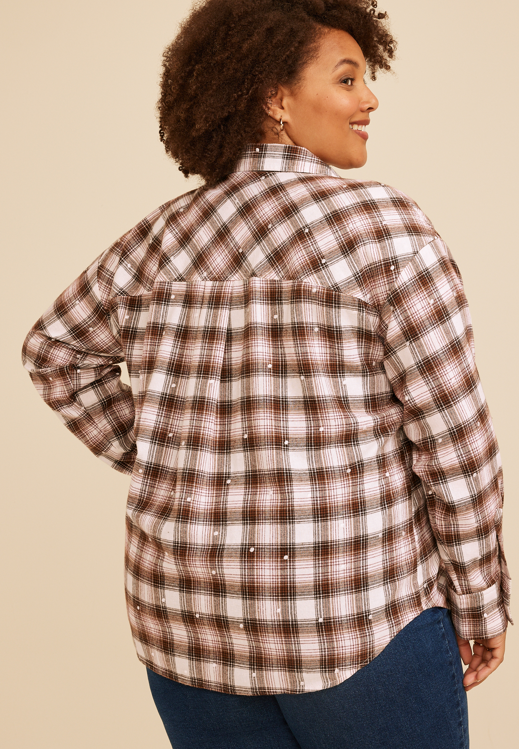 Plus Size Plaid Polka Dot Button Front Shirt, C30, large