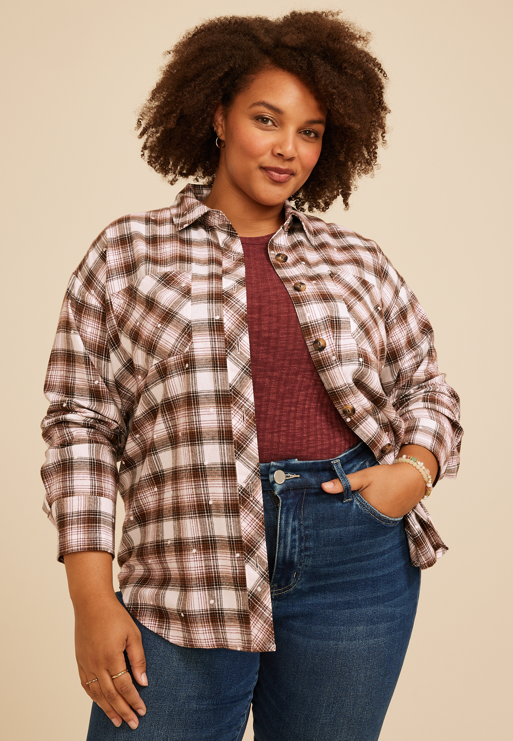 Plus Size Plaid Polka Dot Button Front Shirt, C30, large
