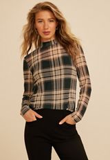 Plaid Mesh Mock Neck Top, C1246, small