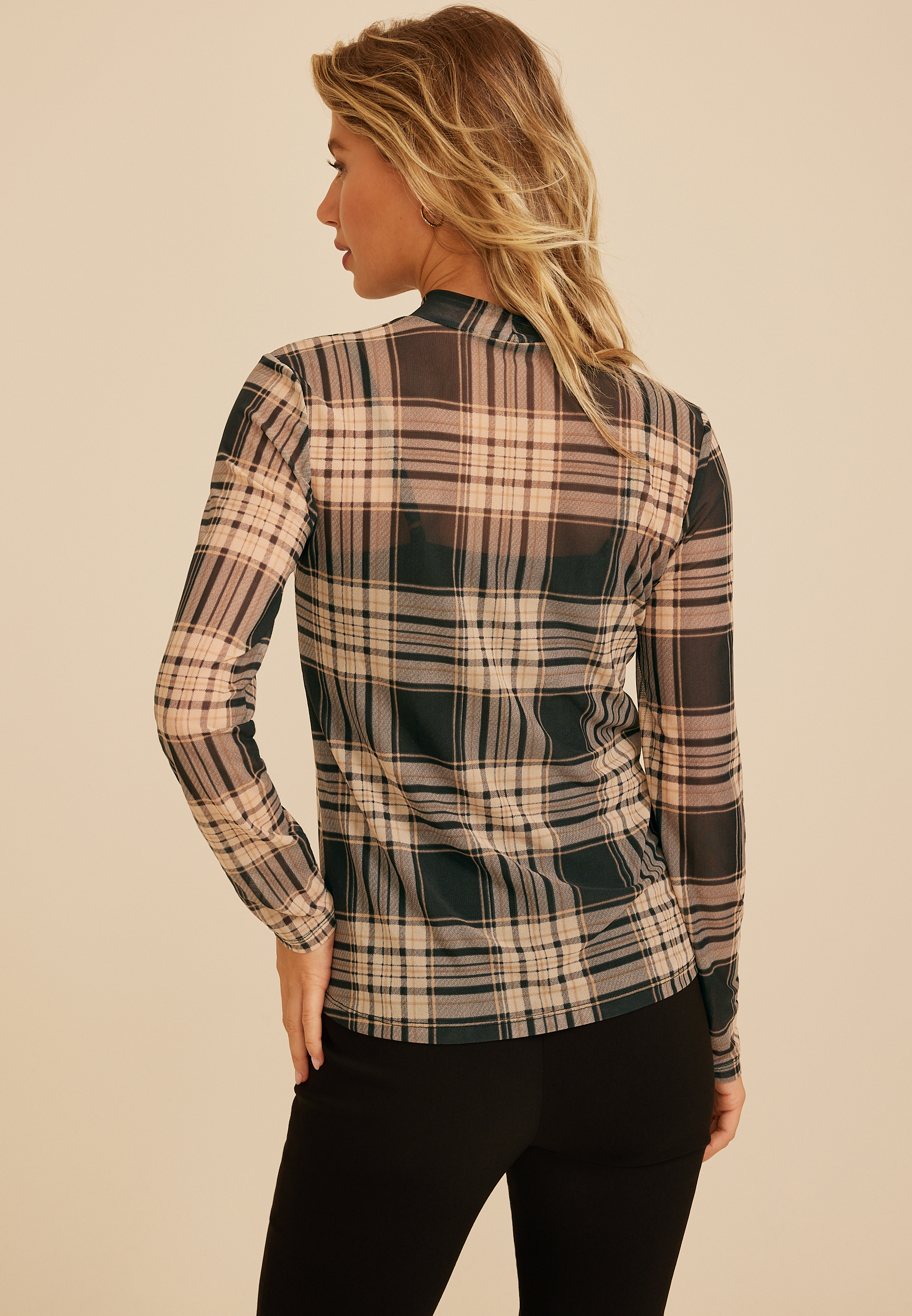 Plaid Mesh Mock Neck Top, C1246, large