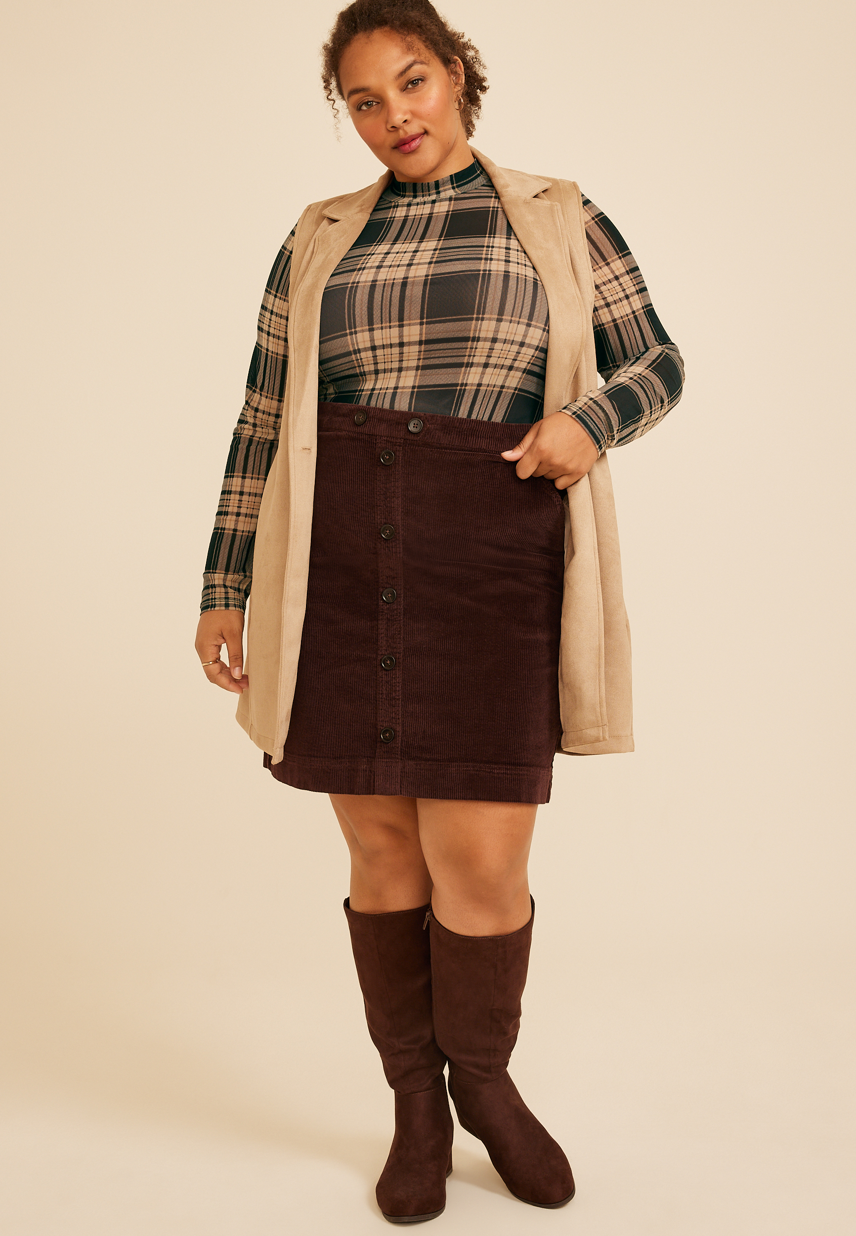 Plus Size Plaid Mesh Mock Neck Top