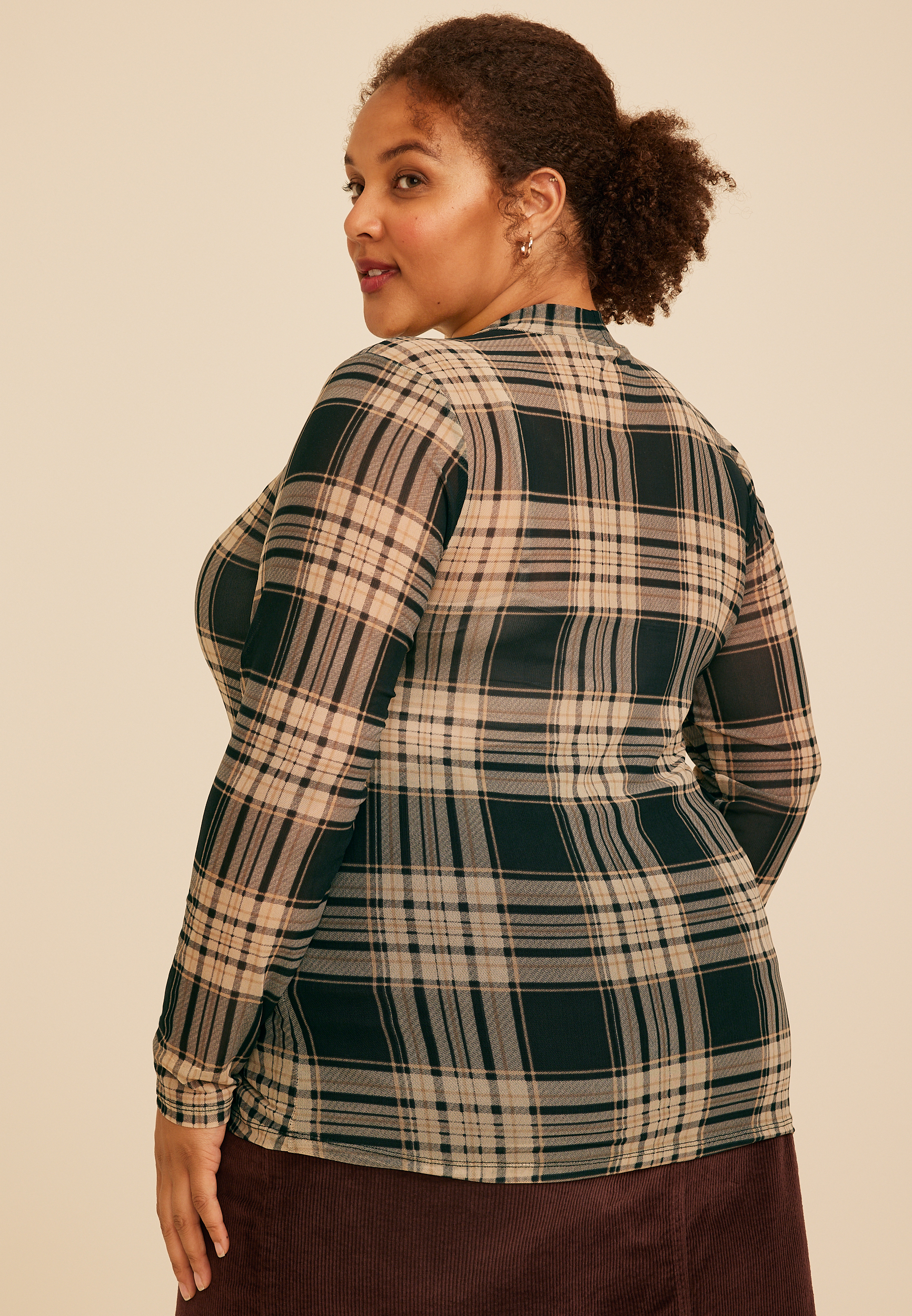 Plus Size Plaid Mesh Mock Neck Top, C1246, large