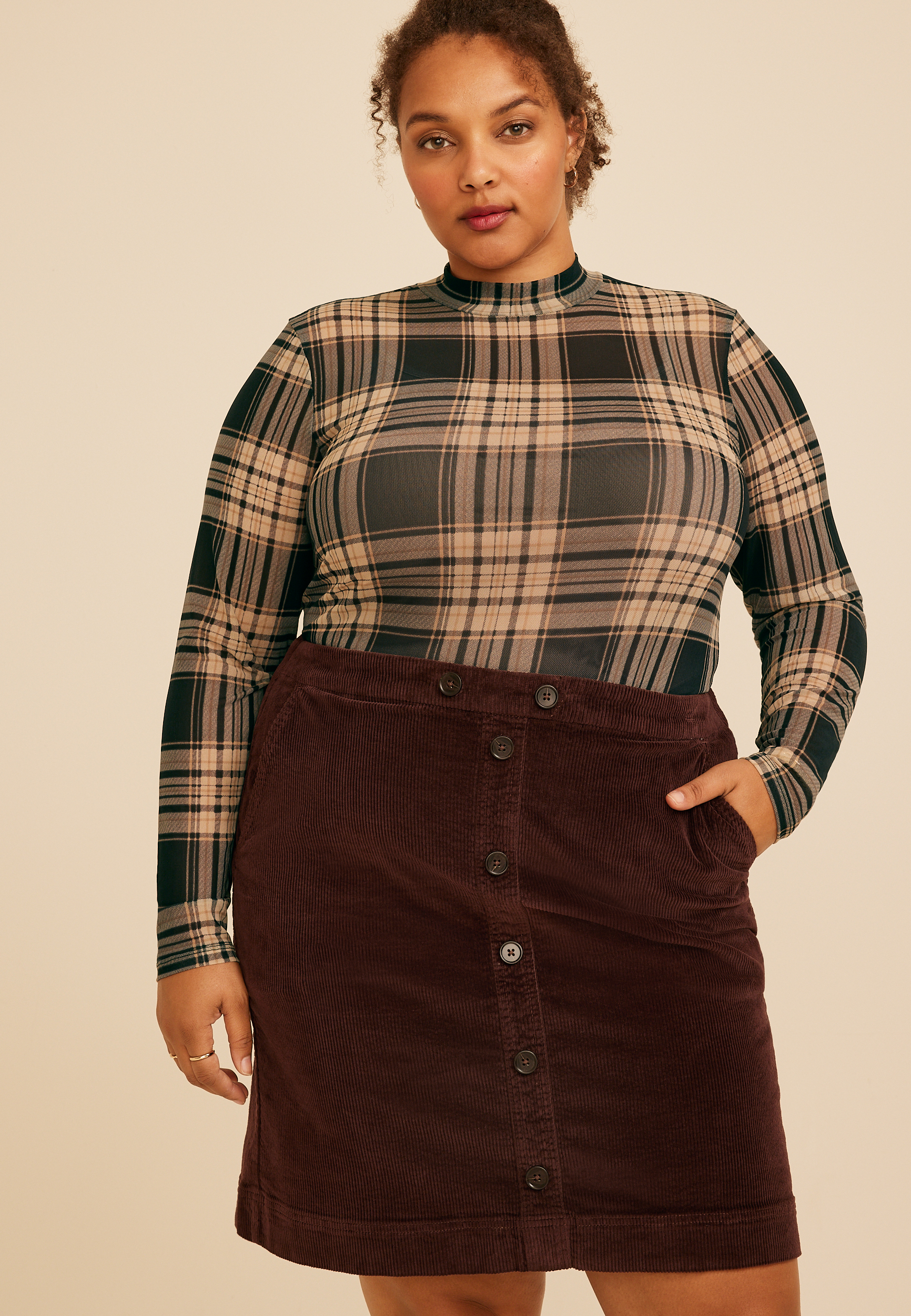 Plus Size Plaid Mesh Mock Neck Top, C1246, large