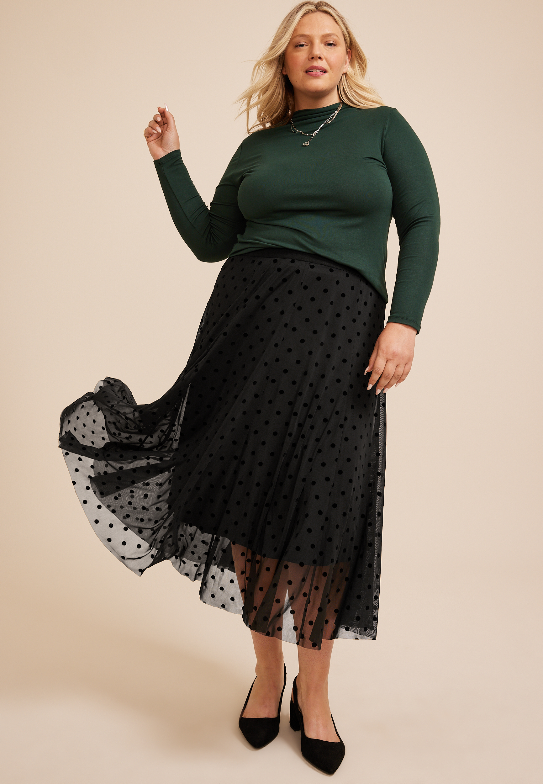 Plus Size High Rise Mesh Dot Maxi Skirt, C106, large