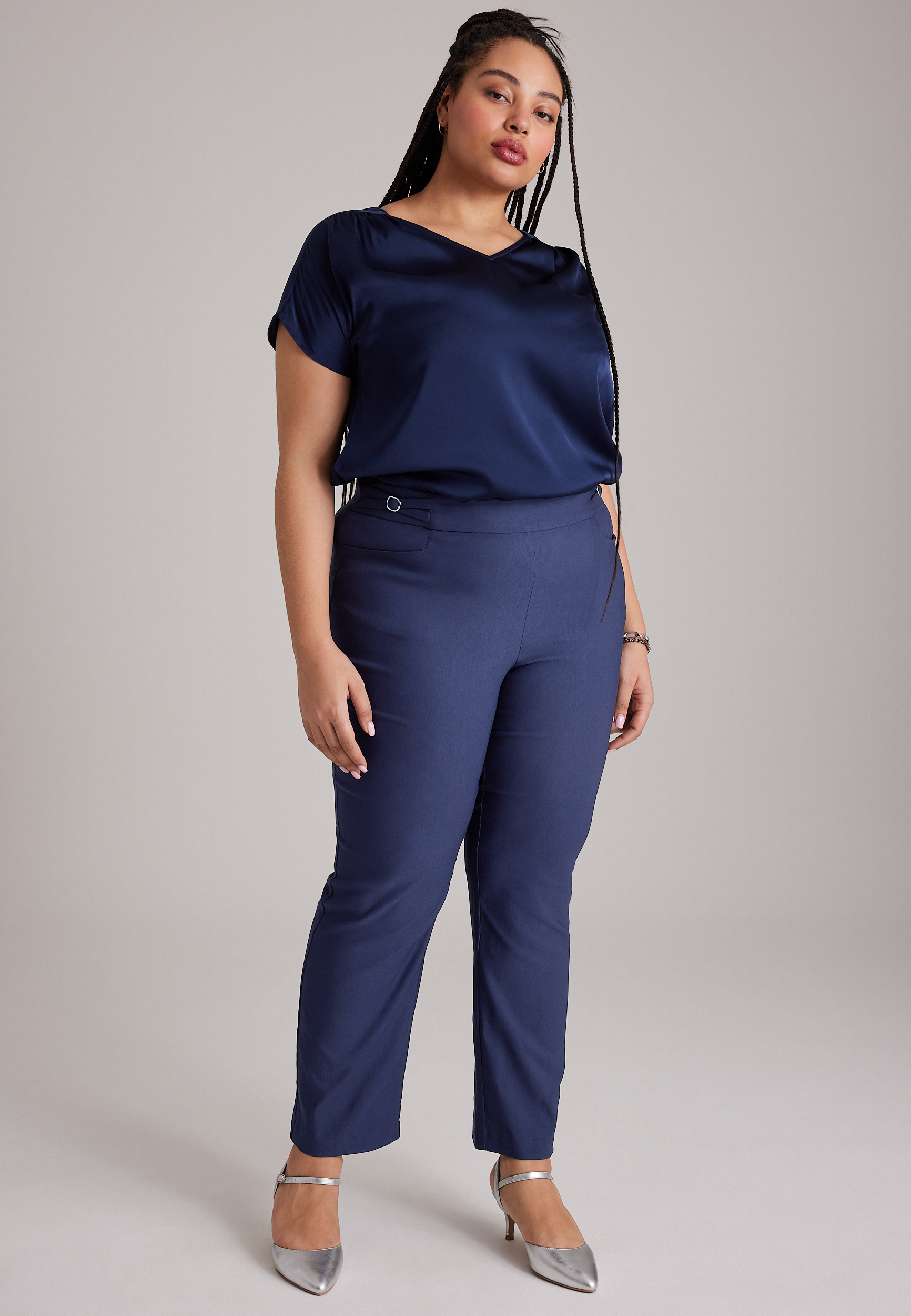 Plus Size Bengaline Button Tab High Rise Straight Pant, C9679, large