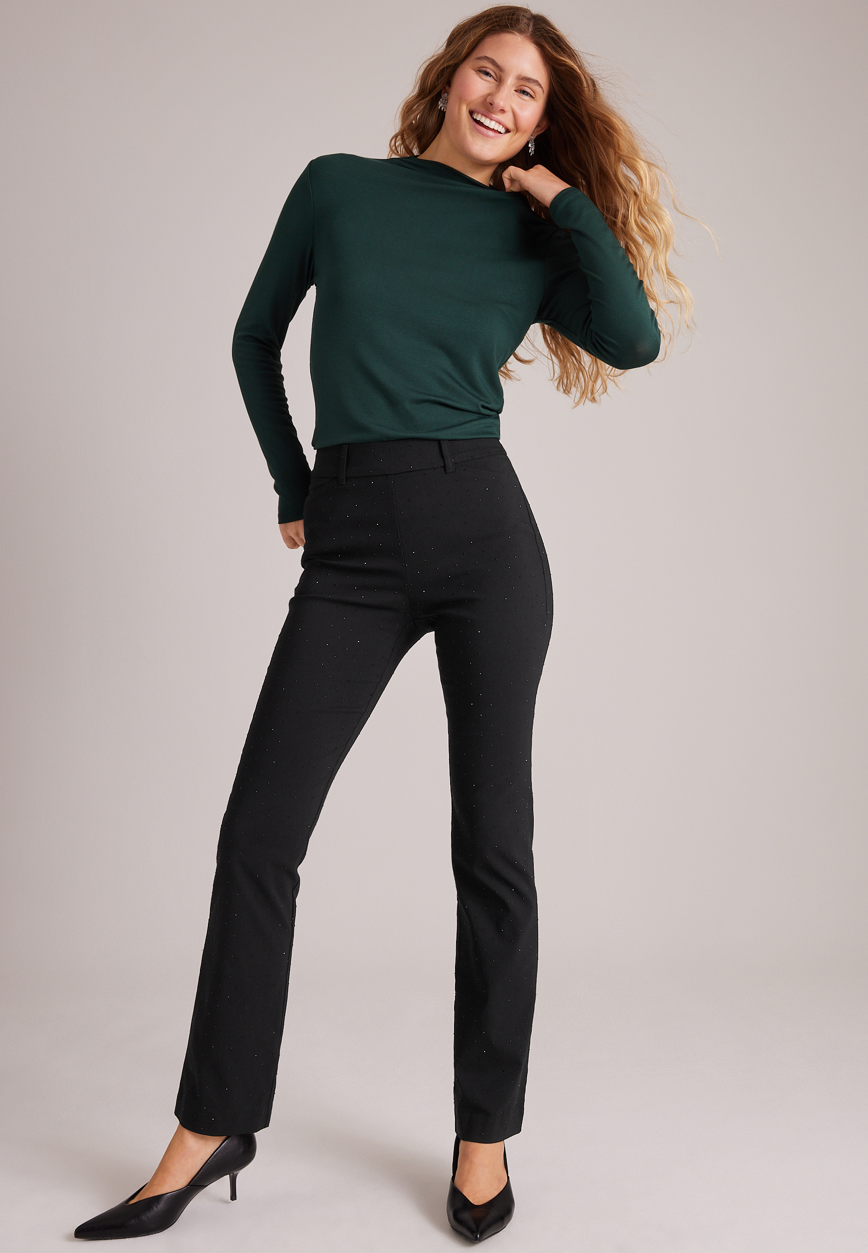 High Rise Rhinestone Bengaline Bootcut Pant, C106, large