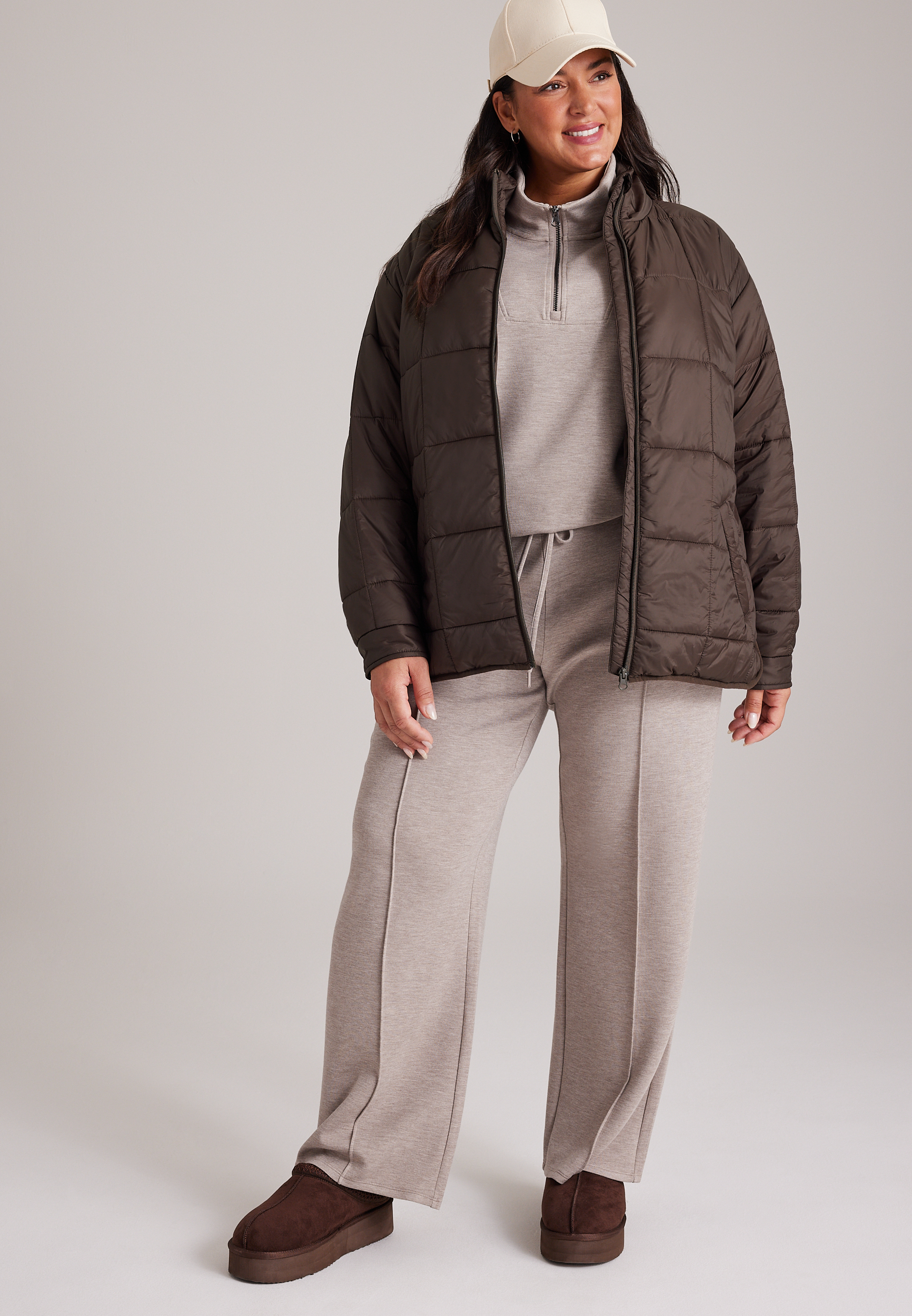 Plus Size Packable Quilted Puffer Jacket, COFFEE BEAN, large