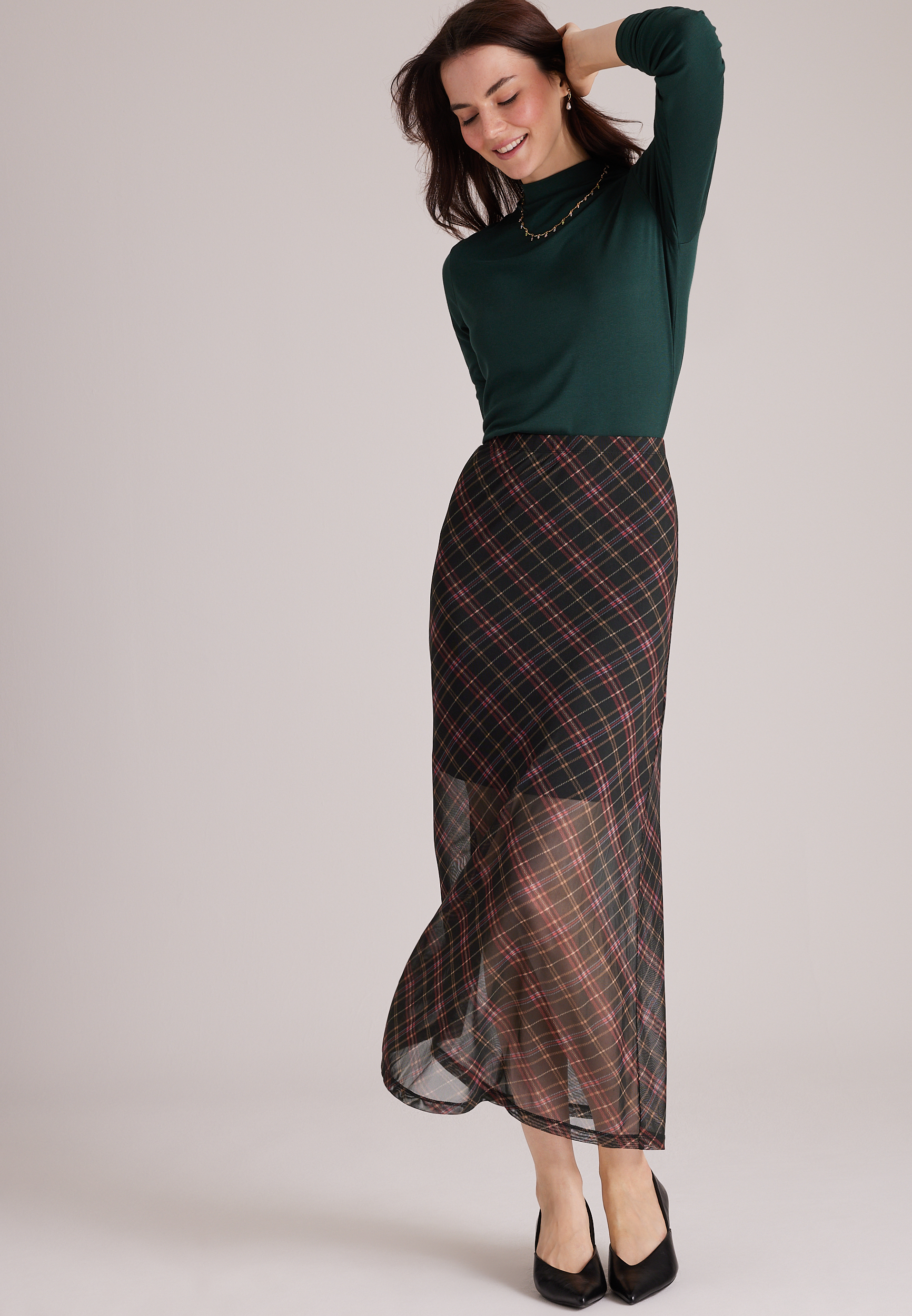 High Rise Plaid Mesh Maxi Skirt, C1756, large