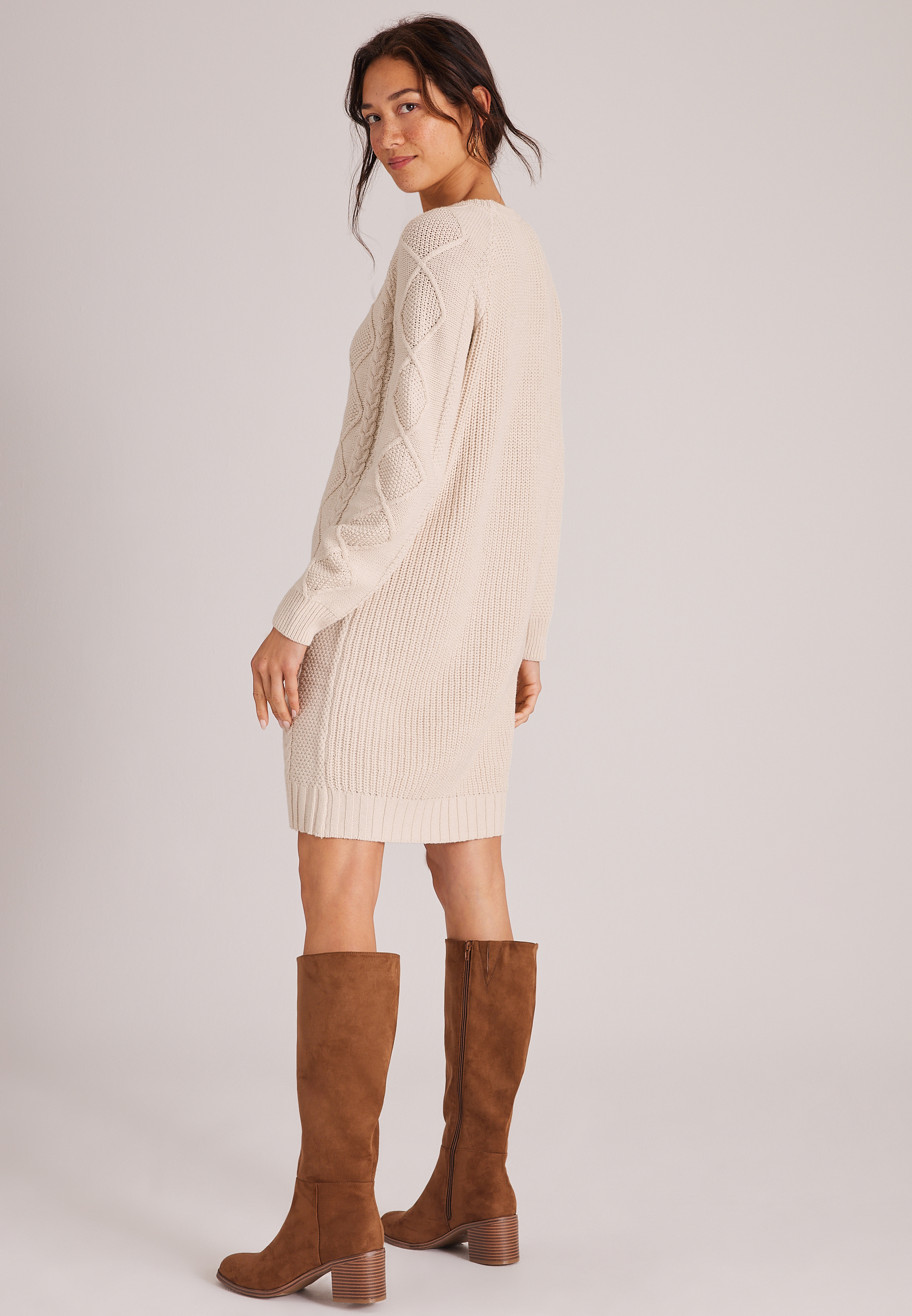 Cable Knit Long Sleeve Sweater Dress, C596, large