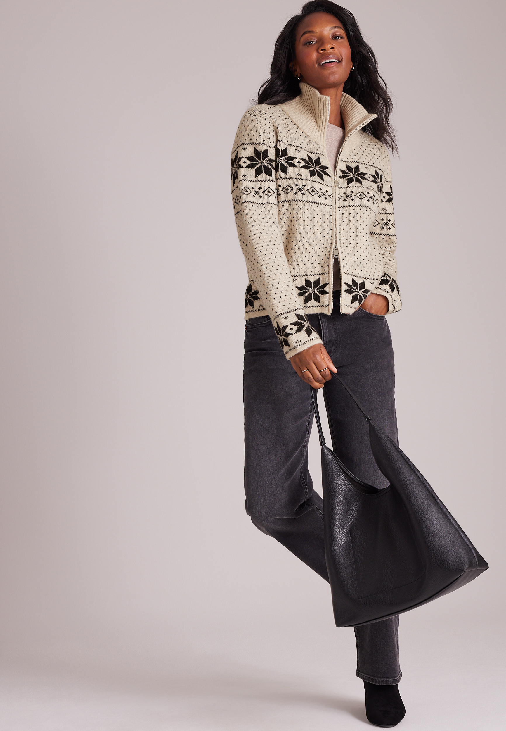 Mixed Snowflake Fair Isle Zip Front Cardigan, C1246, large