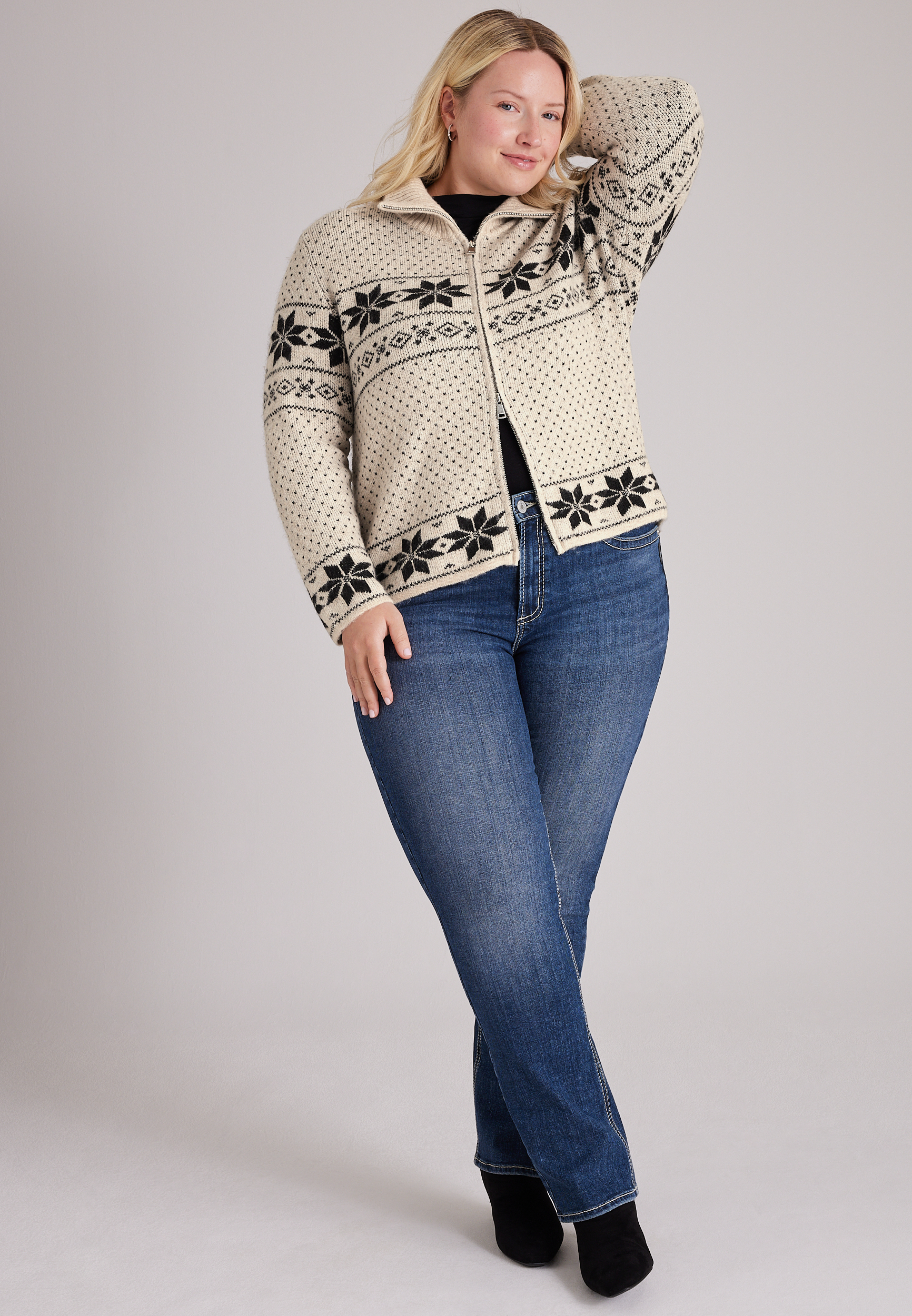 Plus Size Mixed Snowflake Fair Isle Zip Front Cardigan, C1246, large
