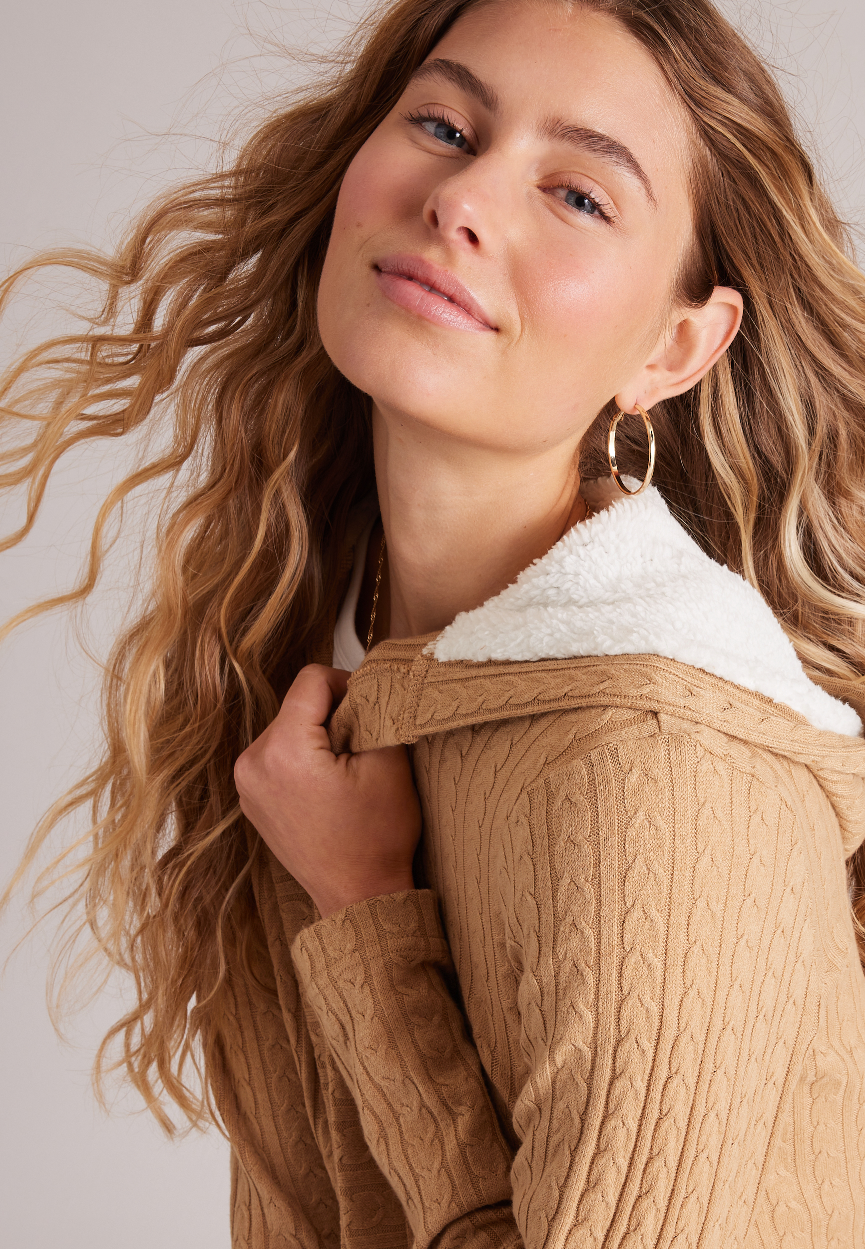 Sherpa Hooded Cable Cardigan, AMPHORA, large