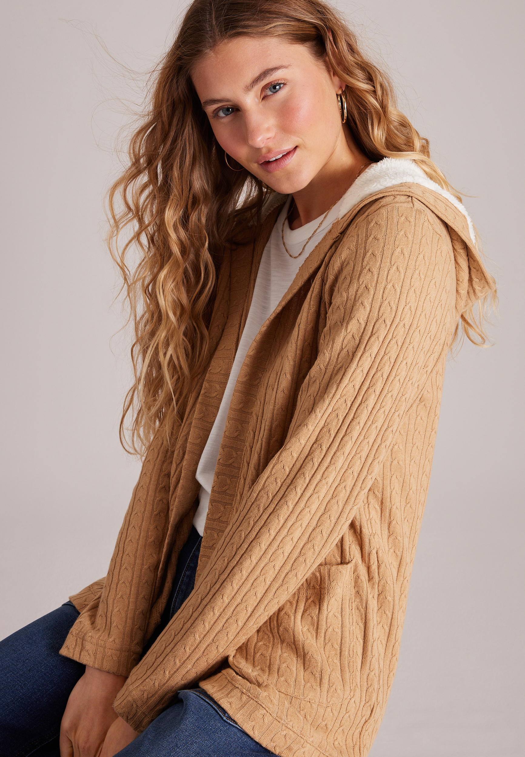 Sherpa Hooded Cable Cardigan, AMPHORA, large