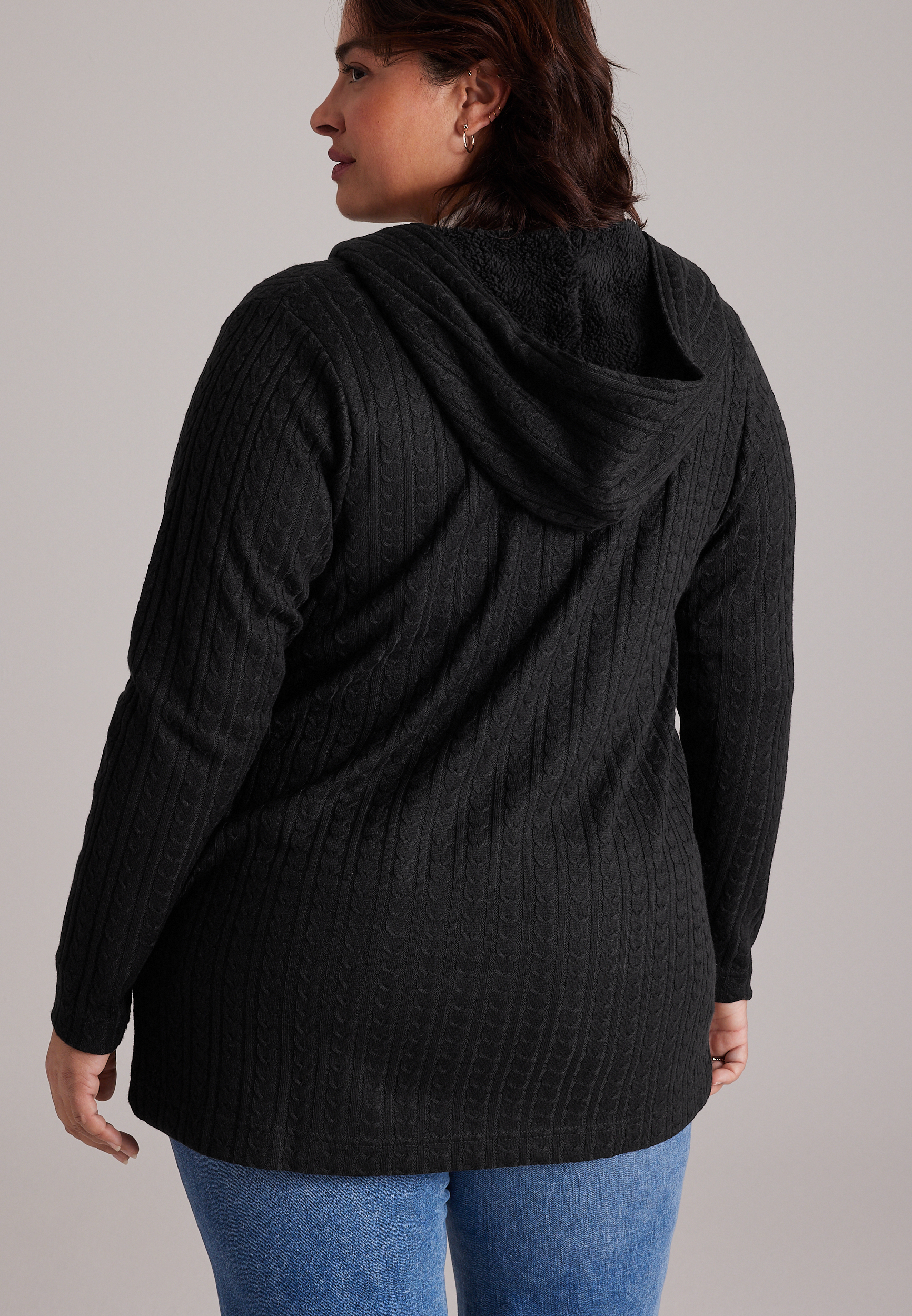 Plus Size Sherpa Hooded Cable Cardigan, C106, large