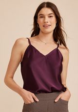 Satin V Neck Cami Tank Top, POTENT PURPLE, small