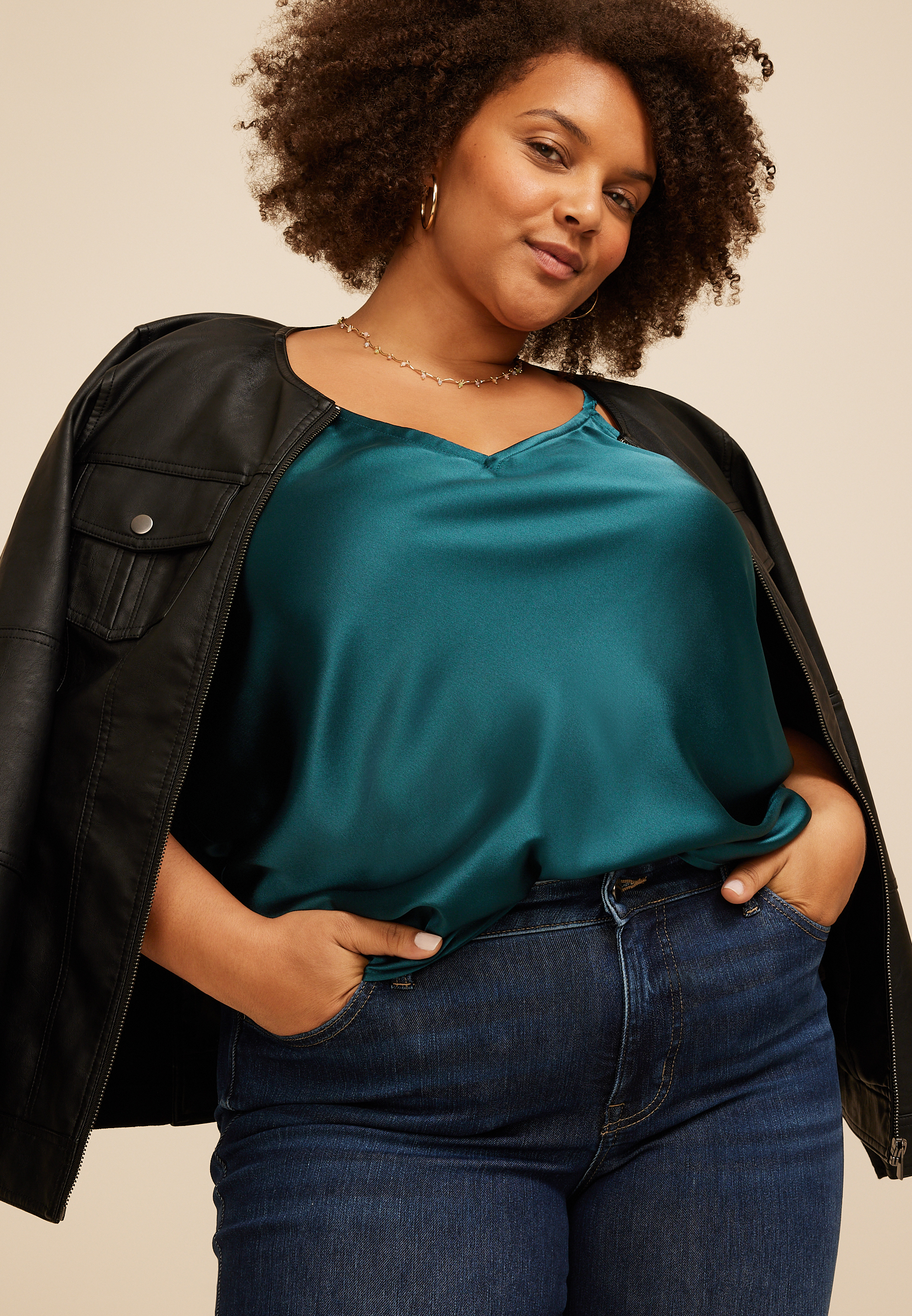 Plus Size Satin V Neck Cami Tank Top, C3784, large