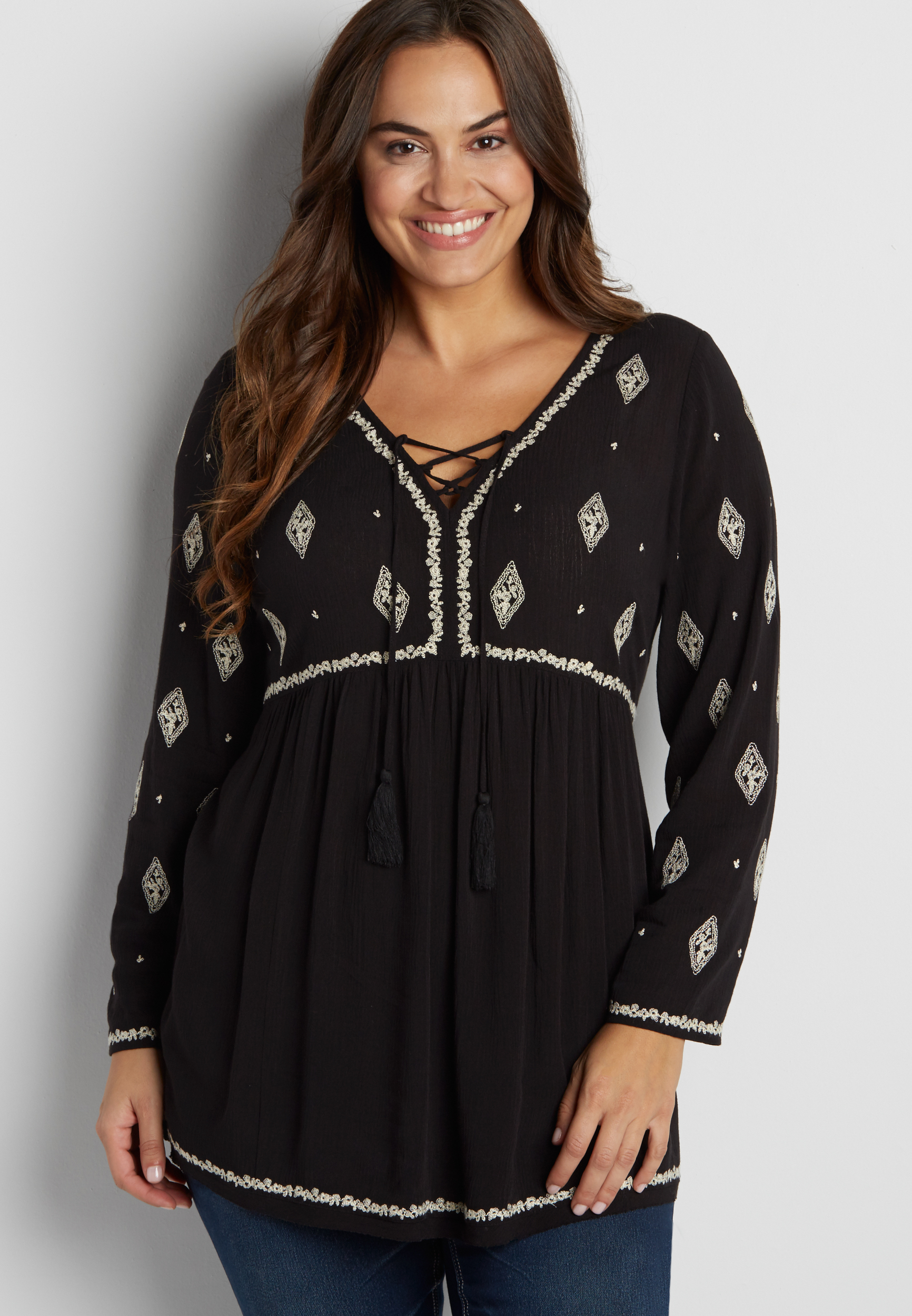 plus size peasant tunic top with ethnic embroidery | maurices