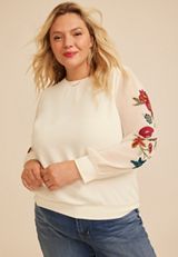Plus Size Floral Embroidered Sleeve Blouse, C1524, small