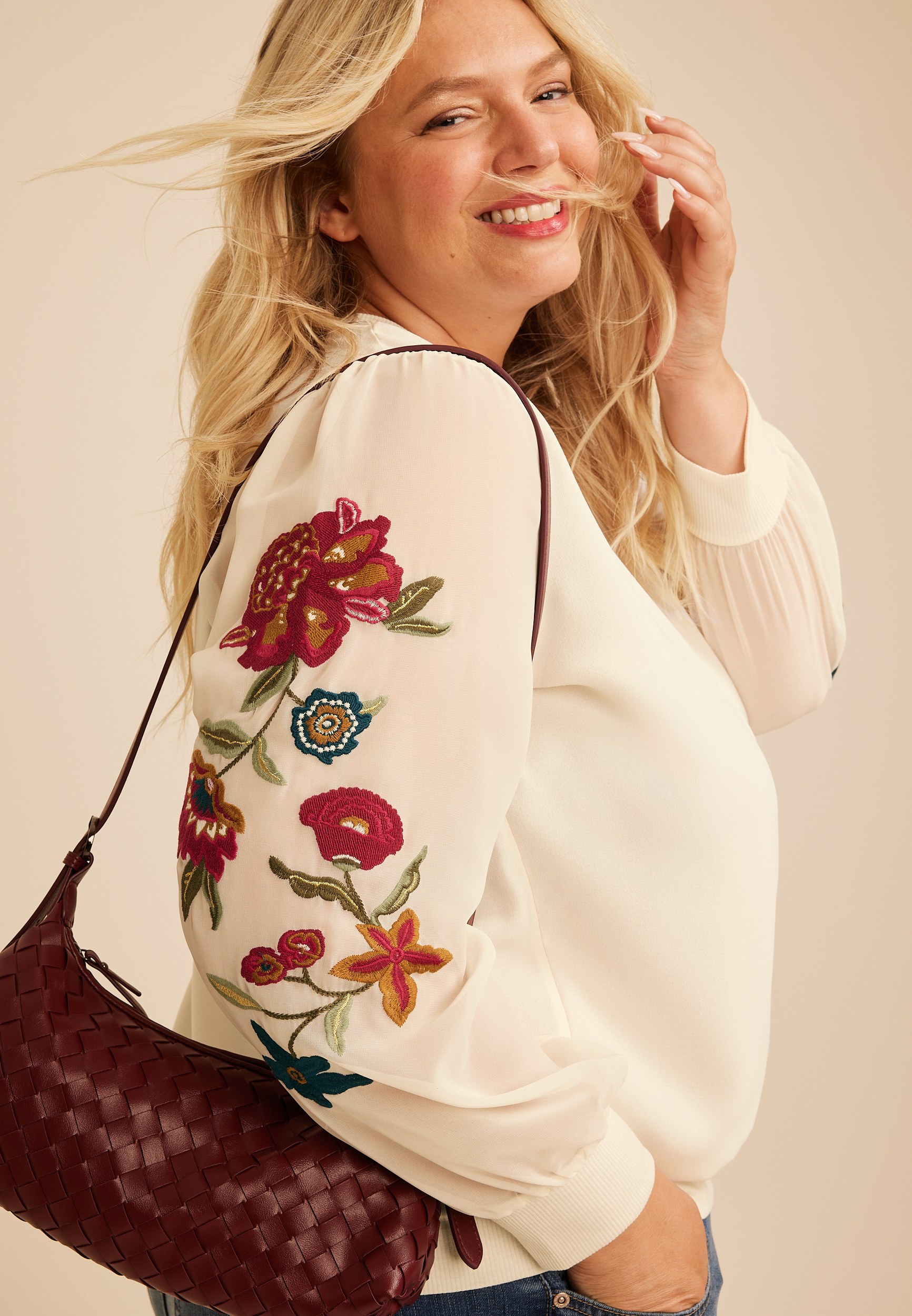 Plus Size Floral Embroidered Sleeve Blouse, C1524, large