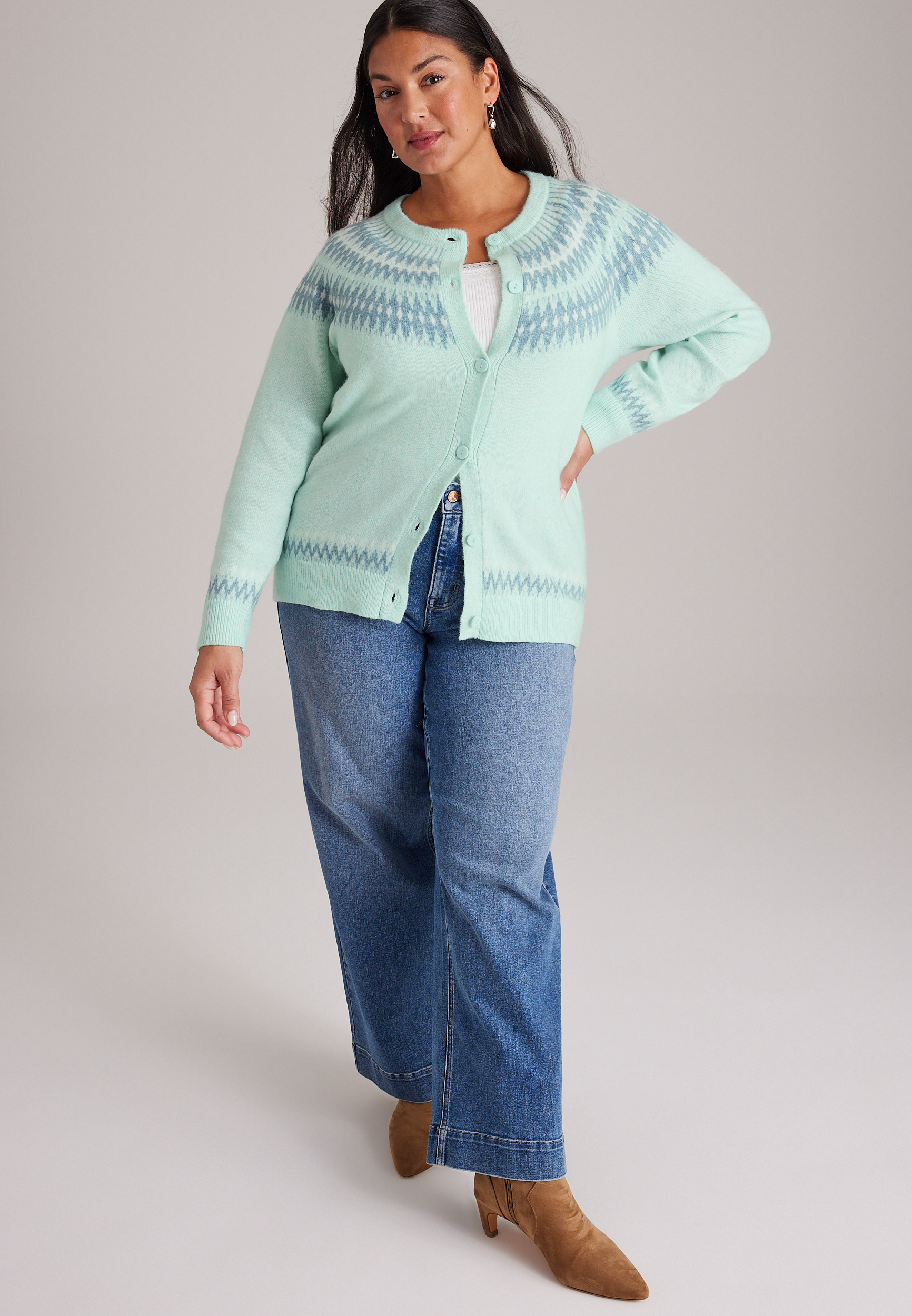 Plus Size Fair Isle Yoke Button Front Cardigan, C5208, large