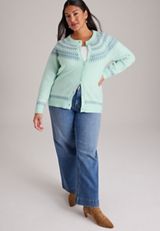 Plus Size Fair Isle Yoke Button Front Cardigan, C5208, small