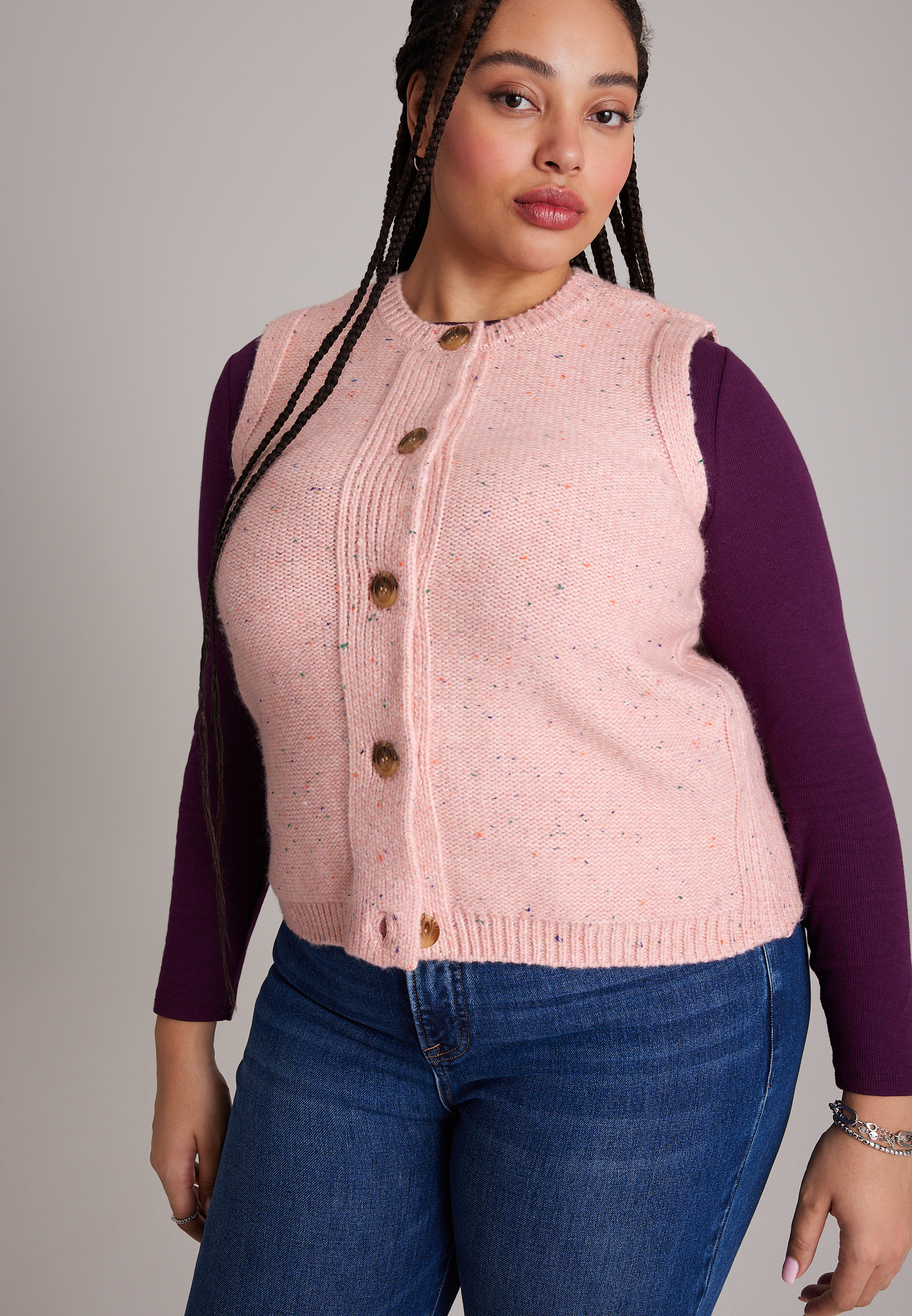Plus Size Speckled Button Front Sweater Vest, C9095, large