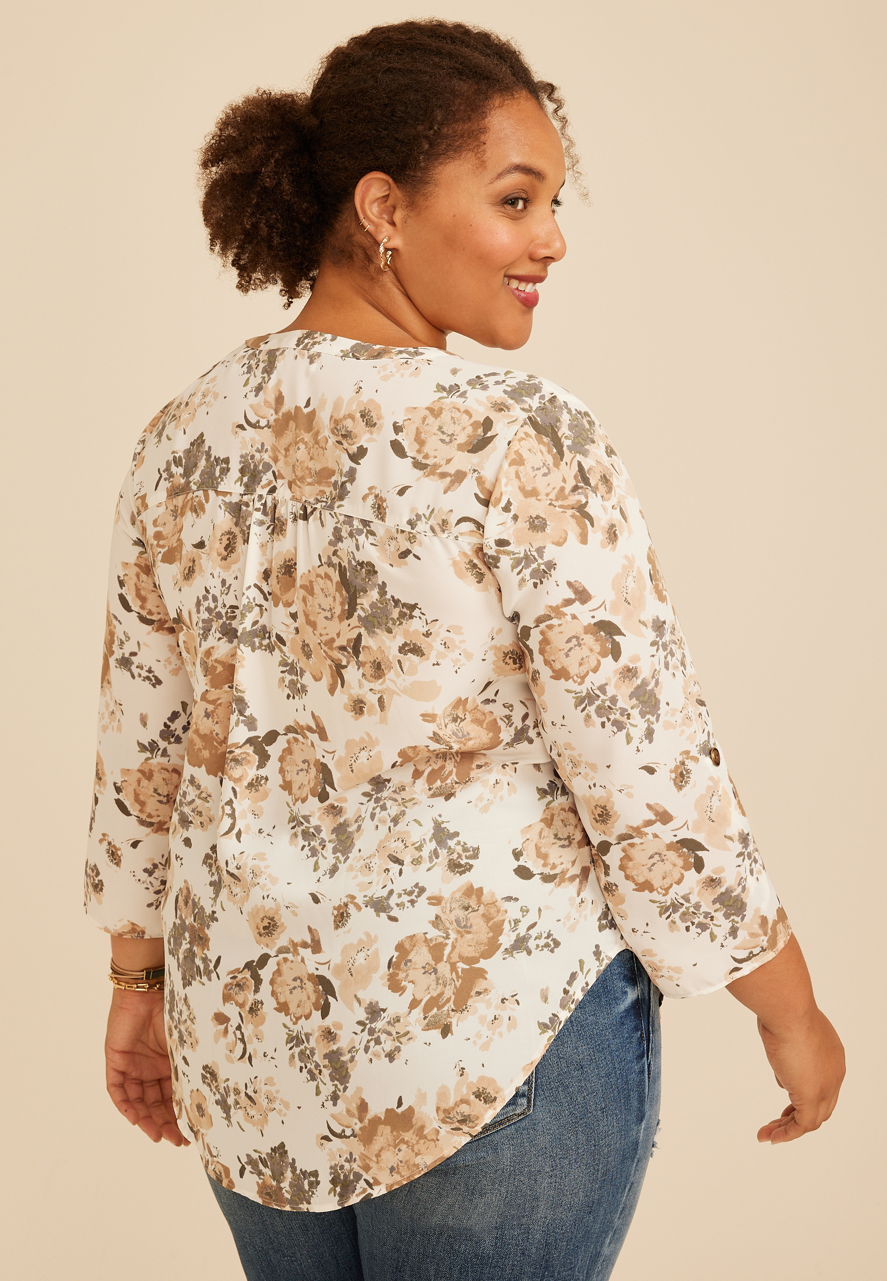 Plus Size Atwood Floral 3/4 Sleeve Popover Blouse, C5872, large