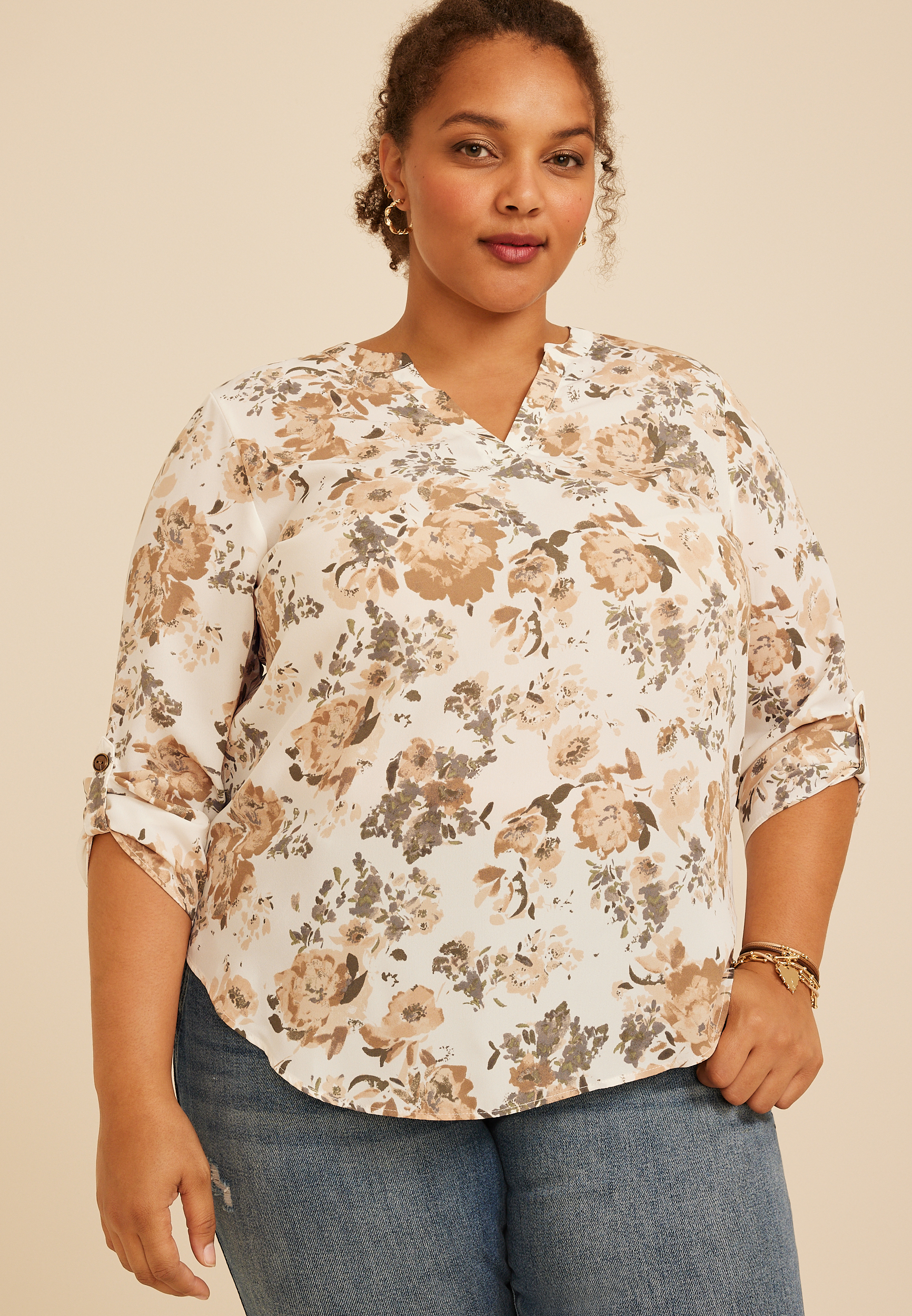 Plus Size Atwood Floral 3/4 Sleeve Popover Blouse, C5872, large