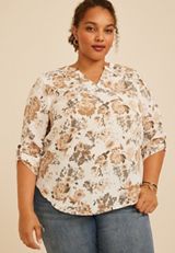 Plus Size Atwood Floral 3/4 Sleeve Popover Blouse, C5872, small