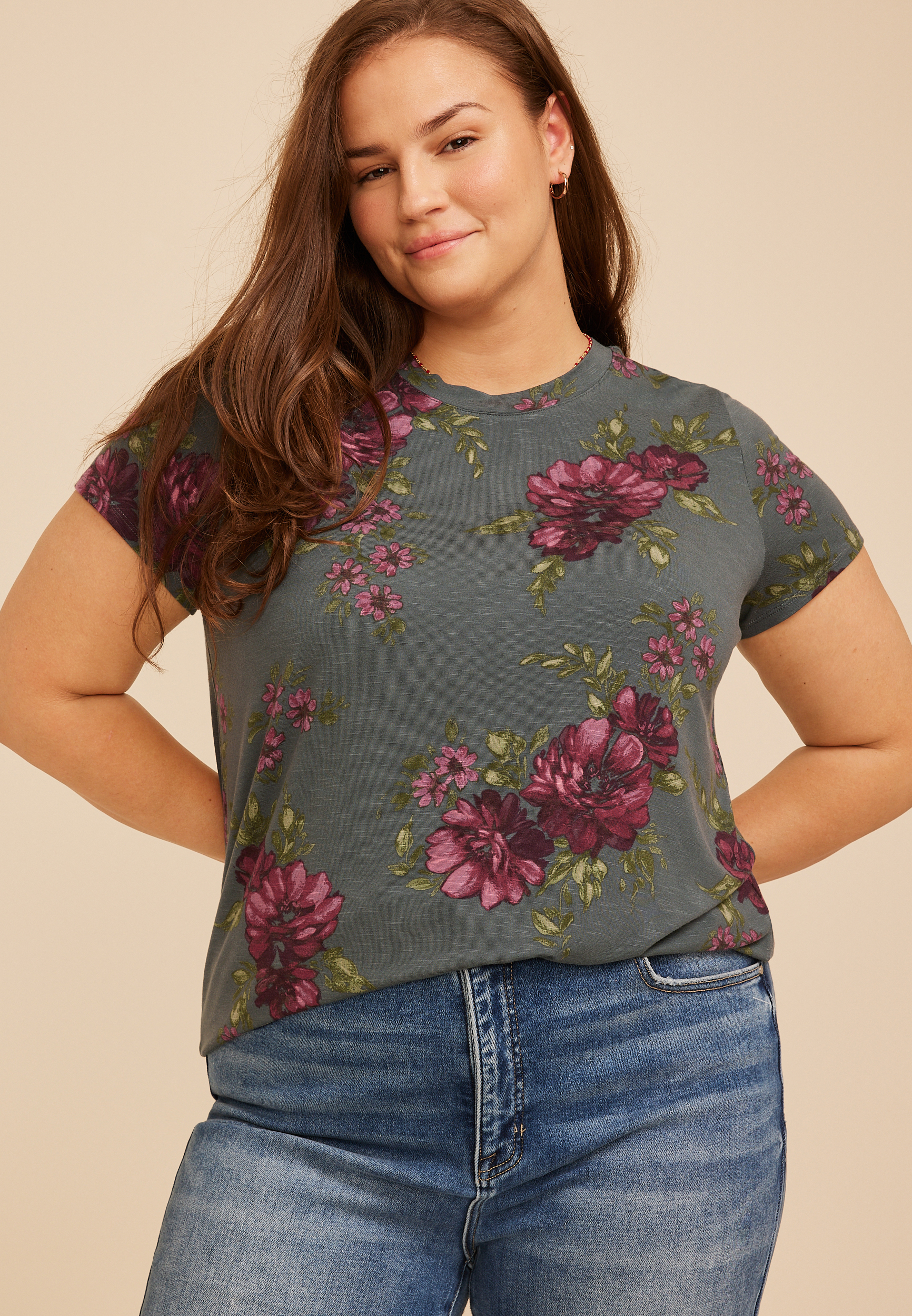 Plus Size 24/7 Kennedy Floral Crew Neck Tee, C9503, large