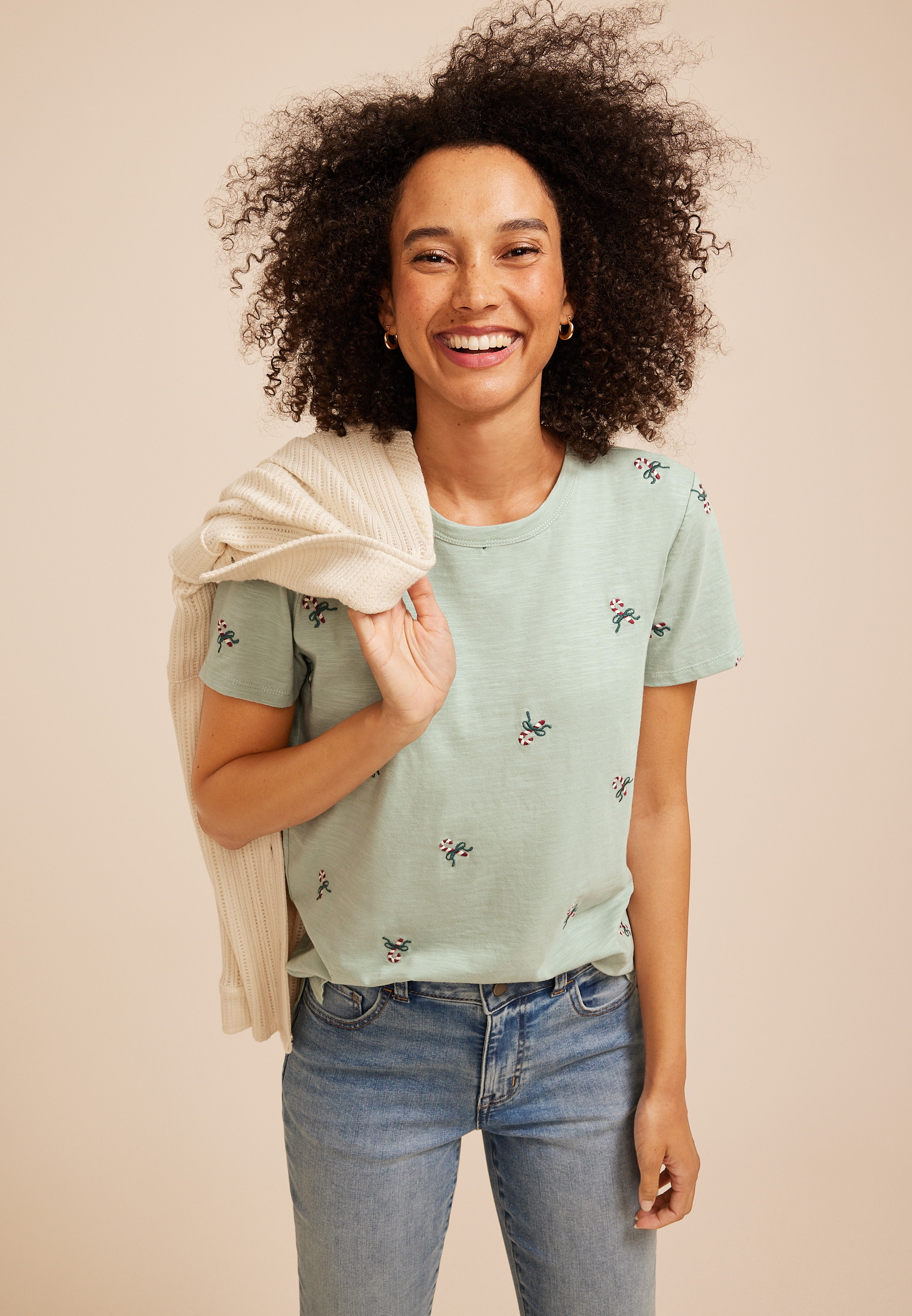 24/7 Dawson Candy Cane Embroidered Crew Neck Tee, C1774, large