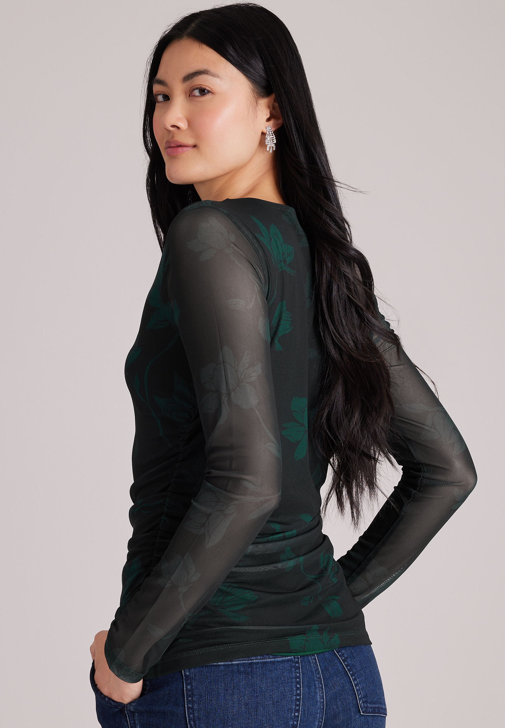 Floral Long Sleeve Mesh Top, C5273, large